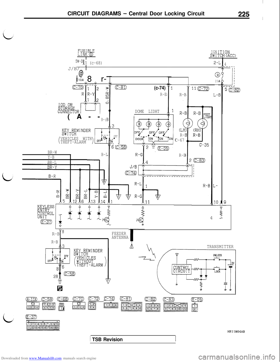 MITSUBISHI 3000GT 1992 2.G Workshop Manual Downloaded from www.Manualslib.com manuals search engine CIRCUIT DIAGRAMS - Central Door Locking Circuit225 i
%R”6”6IGNSWI:
5W-B,,1 (c-68)2-J/B/ 

:ONI(ACC)
4
5(c-82)i 8 r-
@
10AG
15
(c-8l)(c-74)