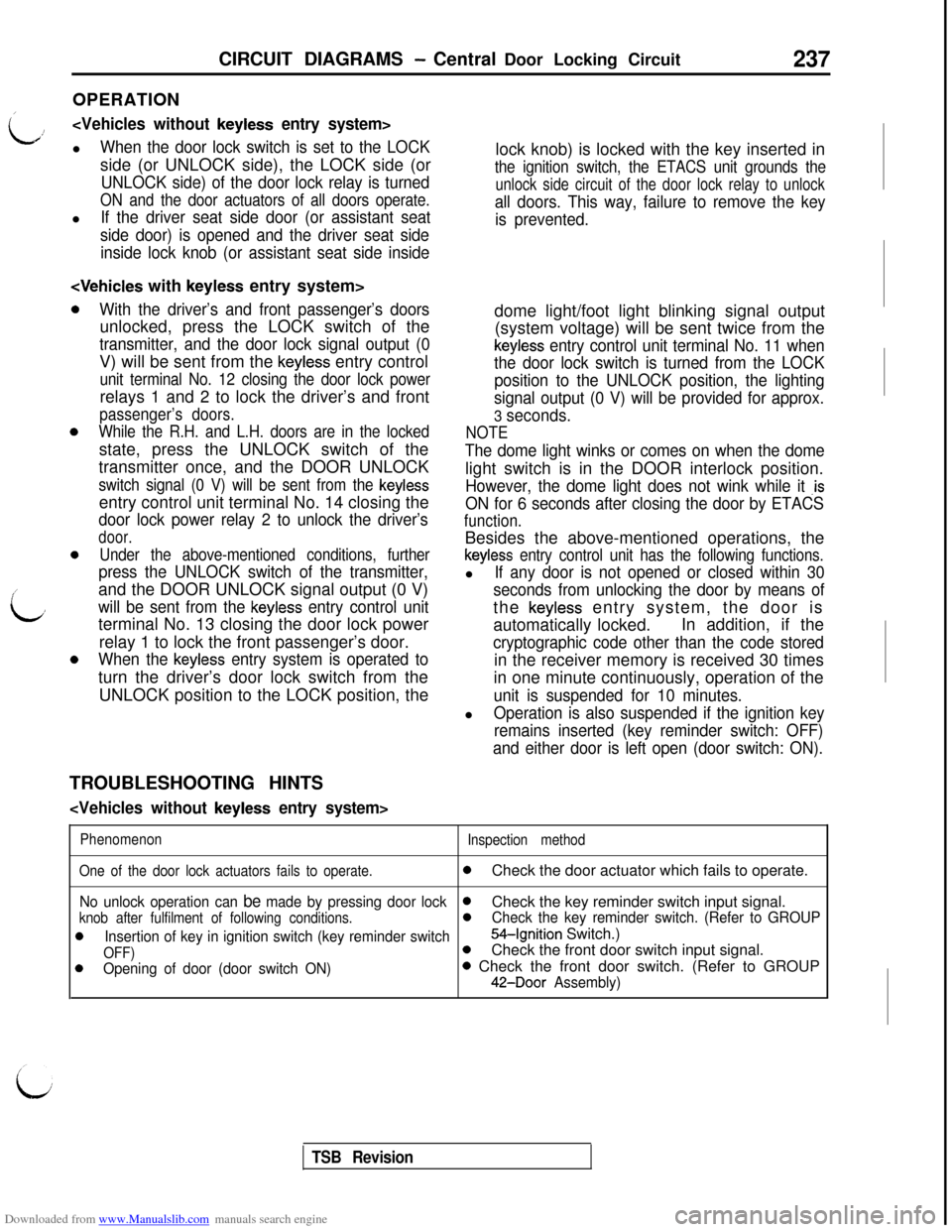 MITSUBISHI 3000GT 1993 2.G User Guide Downloaded from www.Manualslib.com manuals search engine CIRCUIT DIAGRAMS - Central Door Locking Circuit237
OPERATION/
Li!<Vehicles without keyless entry system>l
When the door lock switch is set to t