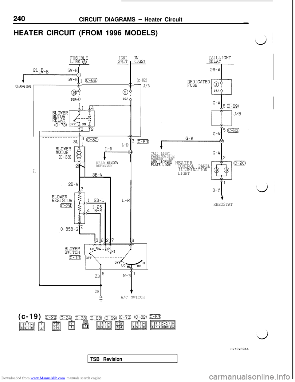 MITSUBISHI 3000GT 1996 2.G Workshop Manual Downloaded from www.Manualslib.com manuals search engine 240CIRCUIT DIAGRAMS - Heater Circuit
HEATER CIRCUIT (FROM 1996 MODELS)
IGNI3NSWIT(IG2)
cHAiTb (c-68)2L-E
63
%
0
30A10A
21
L
\/--------------3L 