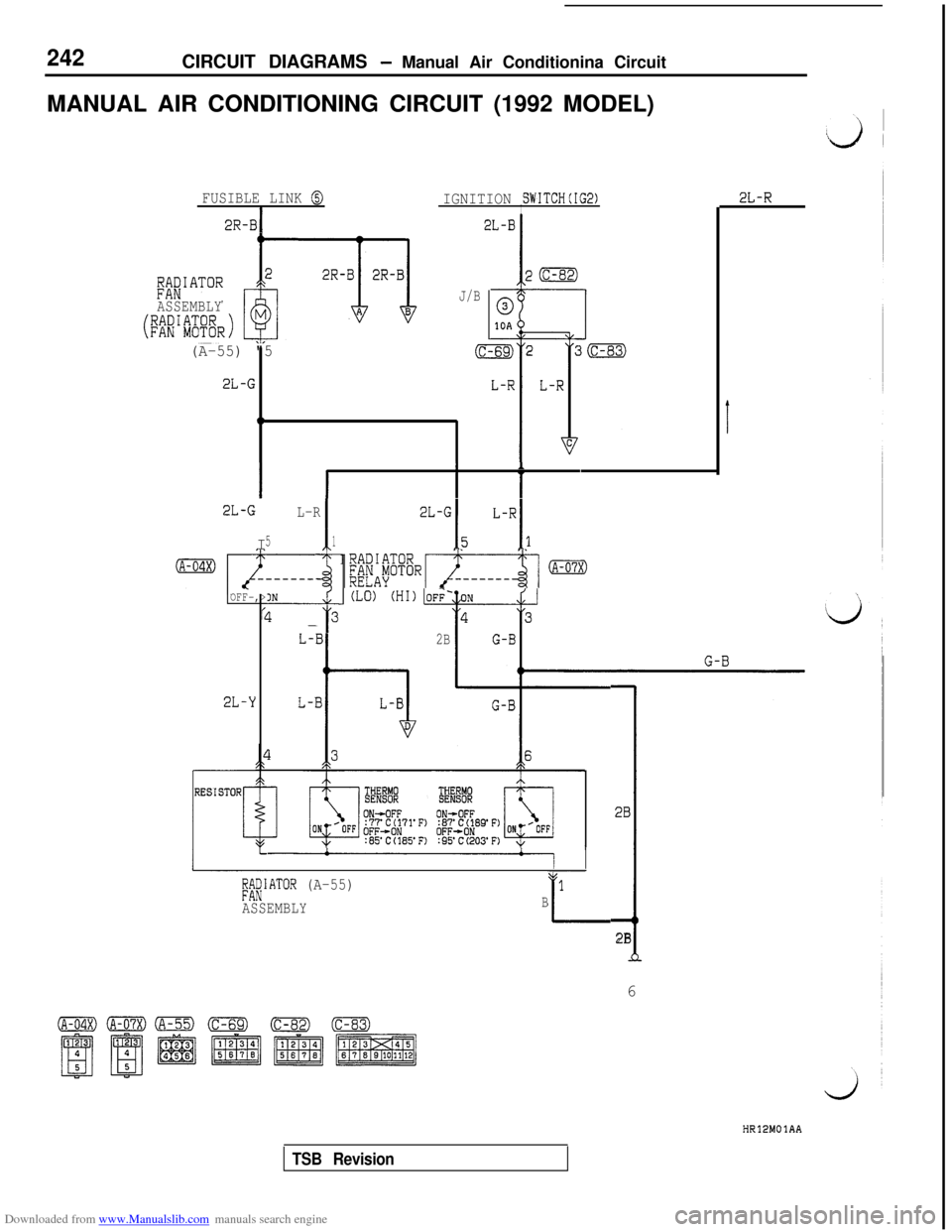 MITSUBISHI 3000GT 1992 2.G Workshop Manual Downloaded from www.Manualslib.com manuals search engine 242CIRCUIT DIAGRAMS - Manual Air Conditionina Circuit
MANUAL AIR CONDITIONING CIRCUIT (1992 MODEL)
FUSIBLE LINK @IGNITION SWITCH(IG2)II
2R-BI2L