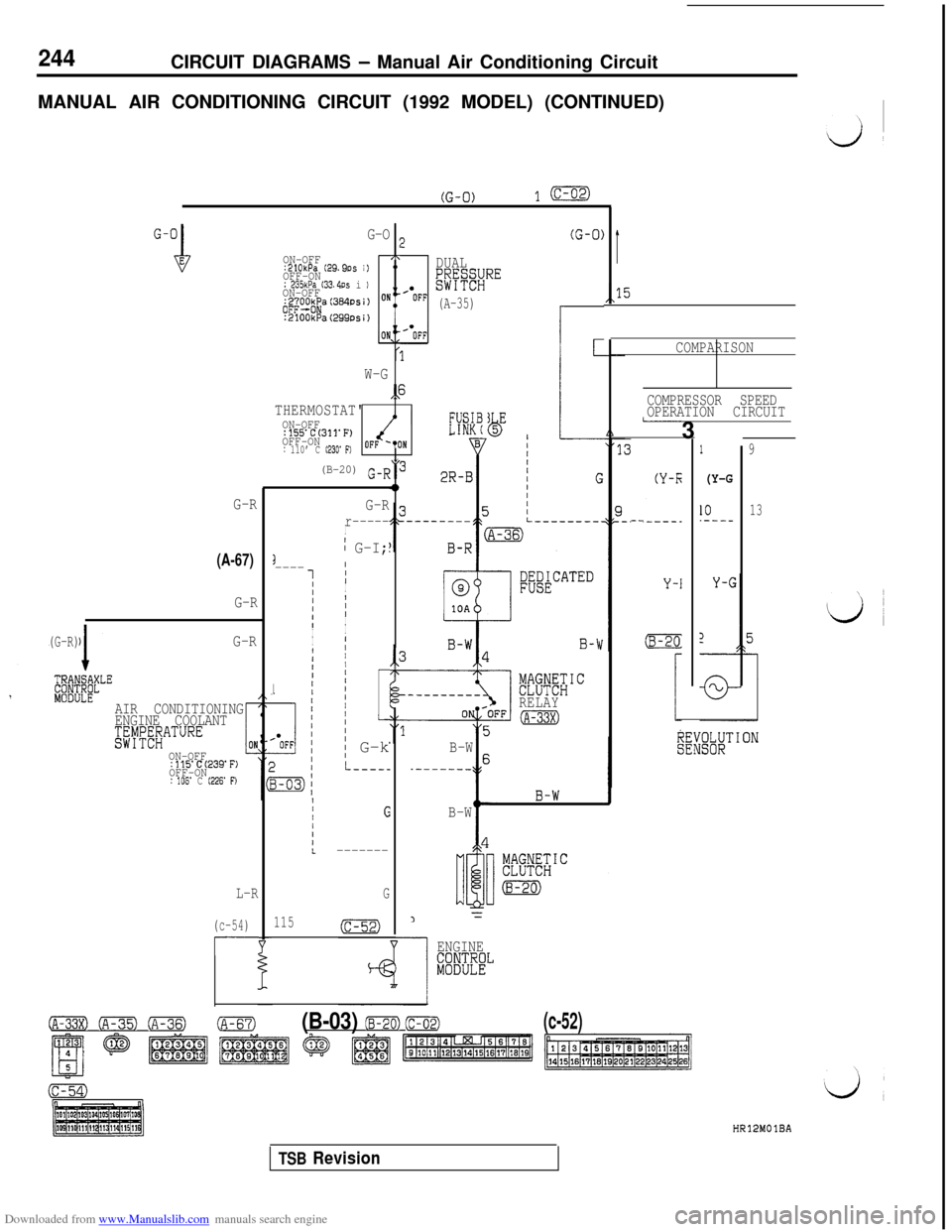 MITSUBISHI 3000GT 1994 2.G User Guide Downloaded from www.Manualslib.com manuals search engine 244CIRCUIT DIAGRAMS - Manual Air Conditioning Circuit
MANUAL AIR CONDITIONING CIRCUIT (1992 MODEL) (CONTINUED)
G-R
G-R
(A-67)
G-R
(G-R)G-R
AIR 