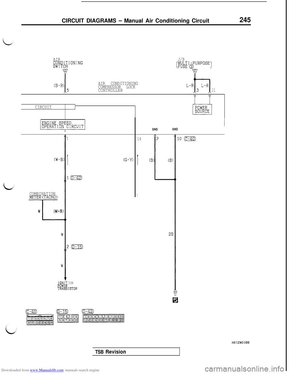 MITSUBISHI 3000GT 1995 2.G Service Manual Downloaded from www.Manualslib.com manuals search engine CIRCUIT DIAGRAMS - Manual Air Conditioning Circuit245
AIR~~~~~~10"""J/B
ib#&PURPOSE1
AIR CONDITIONING
COMPRESSOR LOCK
CONTROLLER
11
CIRCUITI
I