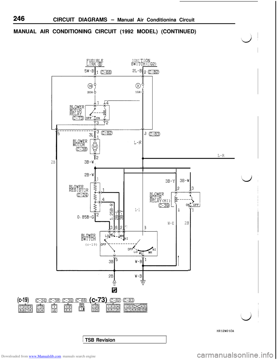 MITSUBISHI 3000GT 1995 2.G Service Manual Downloaded from www.Manualslib.com manuals search engine CIRCUIT DIAGRAMS - Manual Air Conditionina Circuit
MANUAL AIR CONDITIONING CIRCUIT (1992 MODEL) (CONTINUED)
IGNISW17
2L-
E
101
2B3B-WI
t
2B-W
I