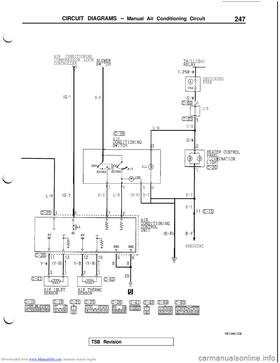 MITSUBISHI 3000GT 1995 2.G Service Manual Downloaded from www.Manualslib.com manuals search engine CIRCUIT DIAGRAMS - Manual Air Conditioning Circuit247
AIR CONDITIONINGCOMPRESSOR LOCK BLCONTROLLERSW
(G-!
I6VT7
RHEOSTAT
W-E
ER
FHw
1.25R-
G-