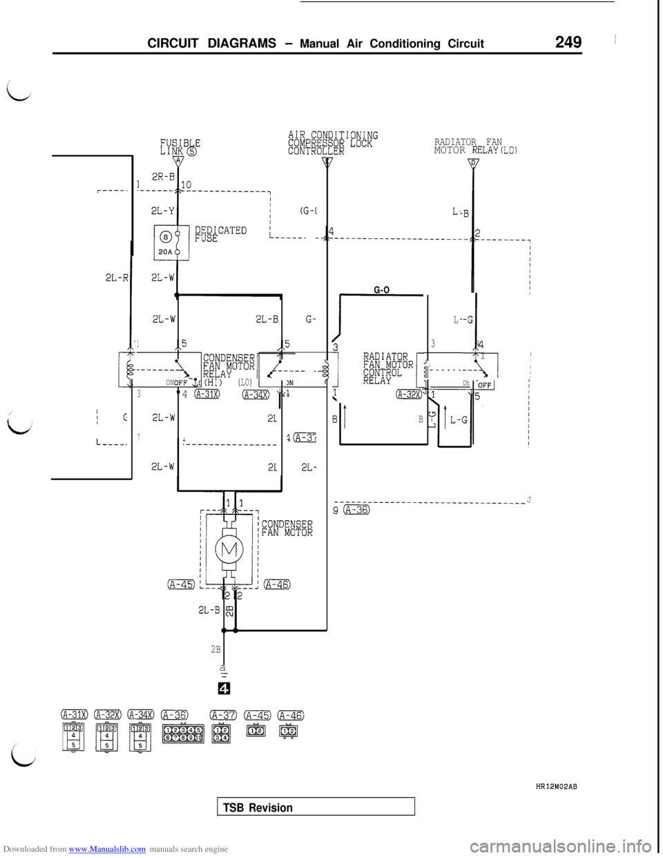 MITSUBISHI 3000GT 1992 2.G Workshop Manual Downloaded from www.Manualslib.com manuals search engine CIRCUIT DIAGRAMS - Manual Air Conditioning Circuit249 ~
i
RADIATOR FANMOTOR RELAYCLO)
I-----.
(G-tL.
2L-RG-O
iQ
; %?i&“R[
n(A-32X)
L-G
: 4, ~