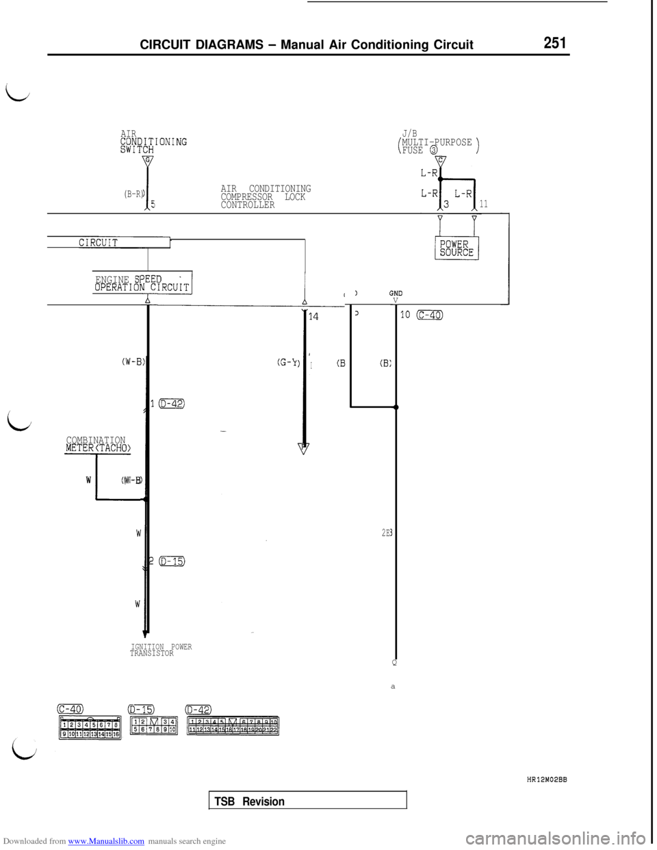 MITSUBISHI 3000GT 1992 2.G Workshop Manual Downloaded from www.Manualslib.com manuals search engine CIRCUIT DIAGRAMS - Manual Air Conditioning Circuit251
AIR&~~;$IONING
i
G
J/B
(MULTI-PURPOSE
FUSE @)
(B-R)AIR CONDITIONING
5COMPRESSOR LOCK
CONT