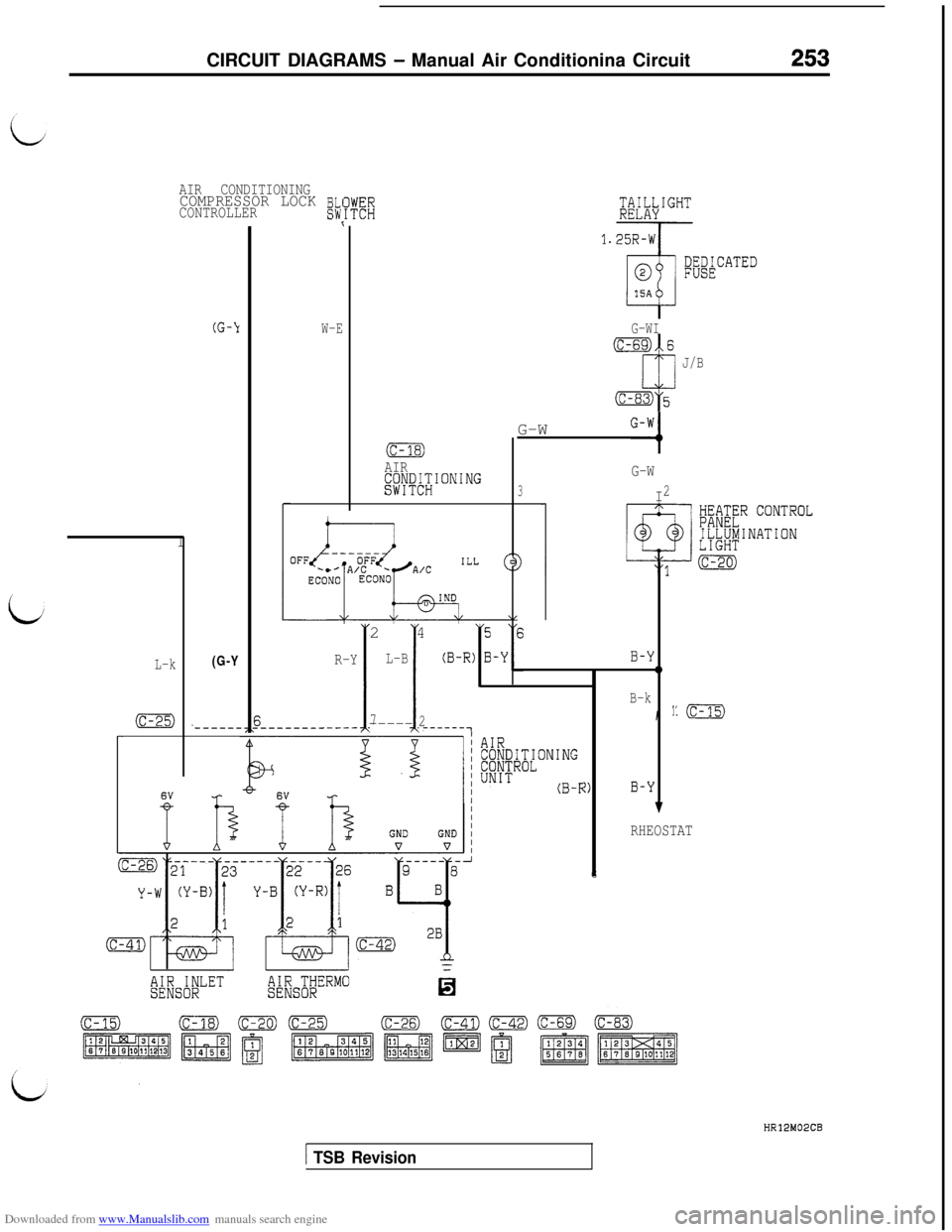 MITSUBISHI 3000GT 1992 2.G Workshop Manual Downloaded from www.Manualslib.com manuals search engine CIRCUIT DIAGRAMS - Manual Air Conditionina Circuit
L-k
(c-25)
AIR CONDITIONING
CONTROLLERCOMPRESSOR LOCK g6
f
1
(G-k(G-Y
‘_----_
W-E
(c-18)
