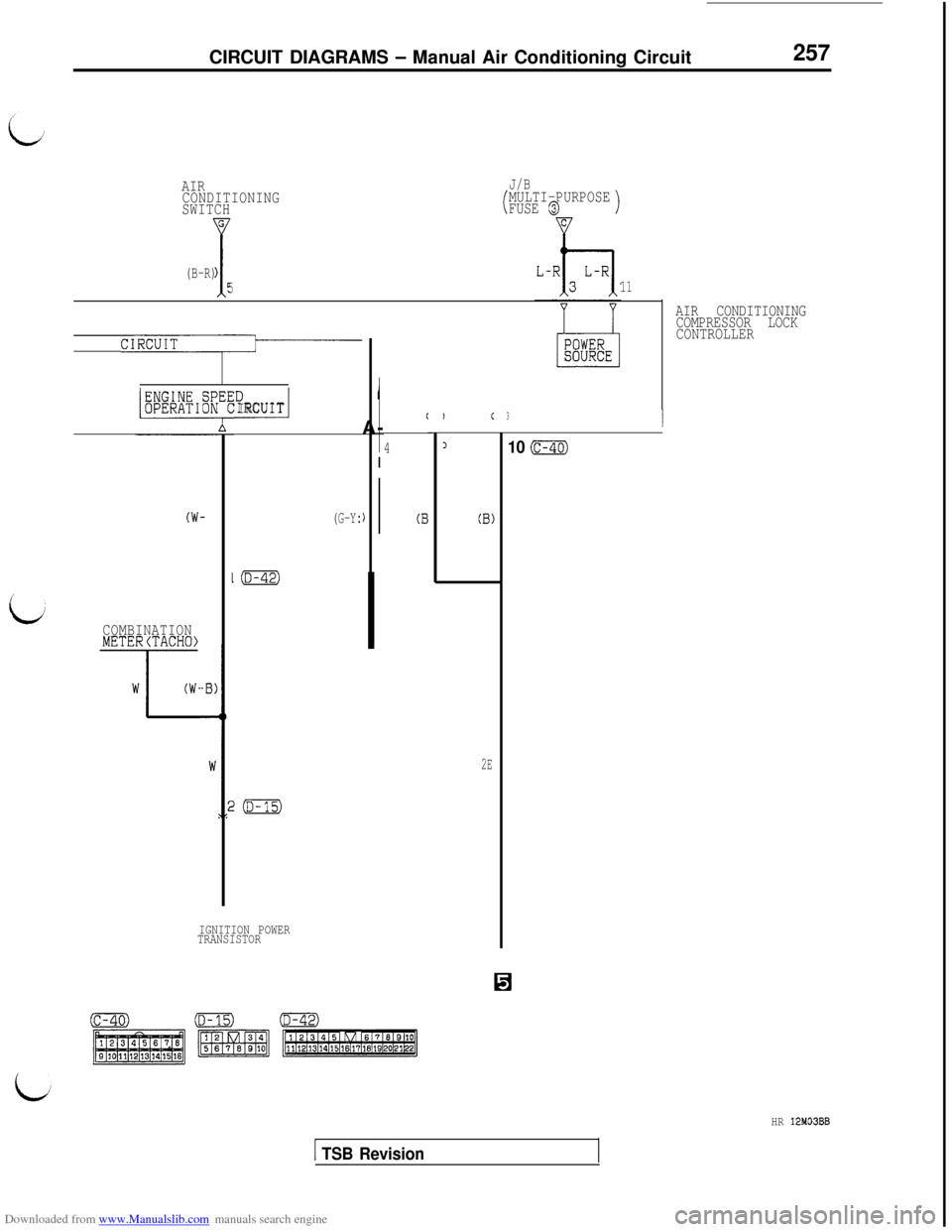 MITSUBISHI 3000GT 1992 2.G Workshop Manual Downloaded from www.Manualslib.com manuals search engine CIRCUIT DIAGRAMS - Manual Air Conditioning Circuit257
AIR
CONDITIONING
SWITCH
G
i
(B-R)5
CIRC,
J/B
iMULTI-PURPOSE
FUSE @1
11
AIR CONDITIONING
C