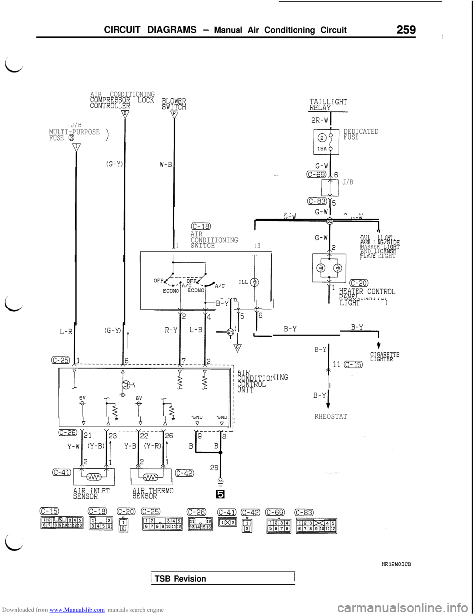 MITSUBISHI 3000GT 1995 2.G Owners Guide Downloaded from www.Manualslib.com manuals search engine ,’
Ld
iCIRCUIT DIAGRAMS 
- Manual Air Conditioning Circuit259 ~
AIR CONDITIONING@j;;$~f~;$ LOCK ym:f;
E
Y
w
J/BMULTI-PURPOSE
FUSE 0)
;t&IGHT
