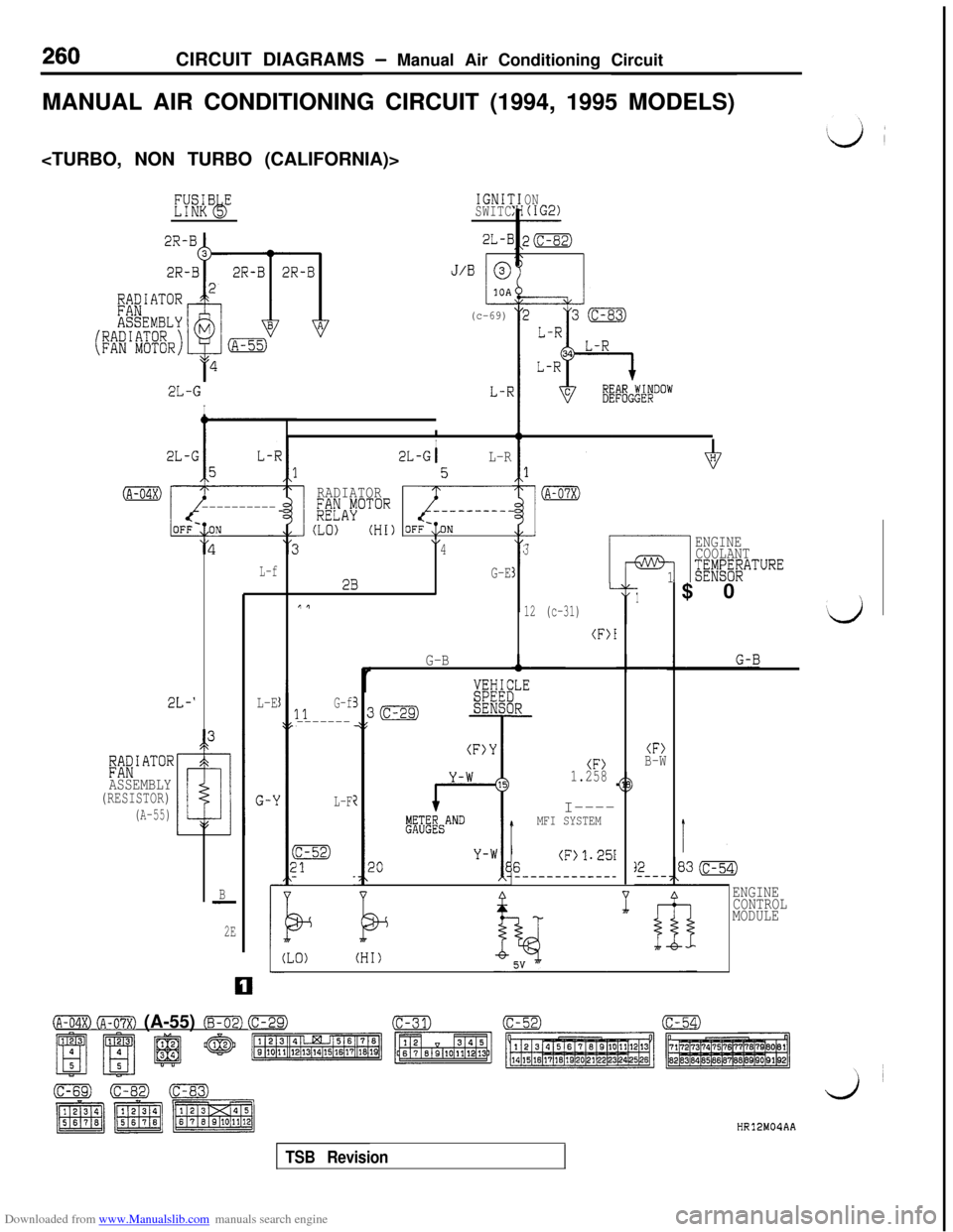 MITSUBISHI 3000GT 1994 2.G User Guide Downloaded from www.Manualslib.com manuals search engine 260CIRCUIT DIAGRAMS - Manual Air Conditioning Circuit
MANUAL AIR CONDITIONING CIRCUIT (1994, 1995 MODELS)
<TURBO, NON TURBO (CALIFORNIA)>
2L-G
