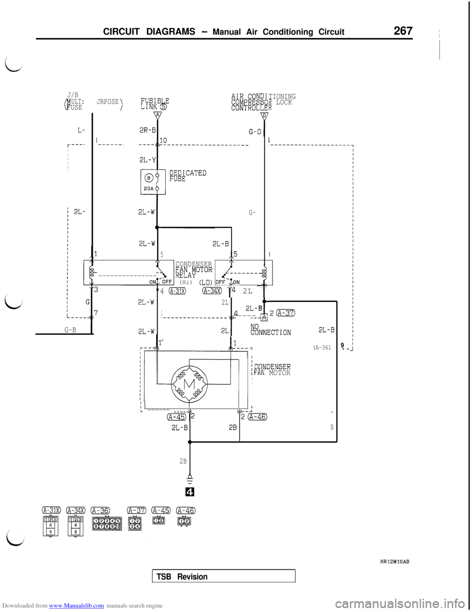 MITSUBISHI 3000GT 1995 2.G Owners Guide Downloaded from www.Manualslib.com manuals search engine i;CIRCUIT DIAGRAMS 
- Manual Air Conditioning Circuit267 ~
J/B
PULT:FUSE
L-
r---I
I
I
I
I
I
G-B
JRPOSE)
I------.
2L-w2L-B
5,,5/\CONDENSERI\
--