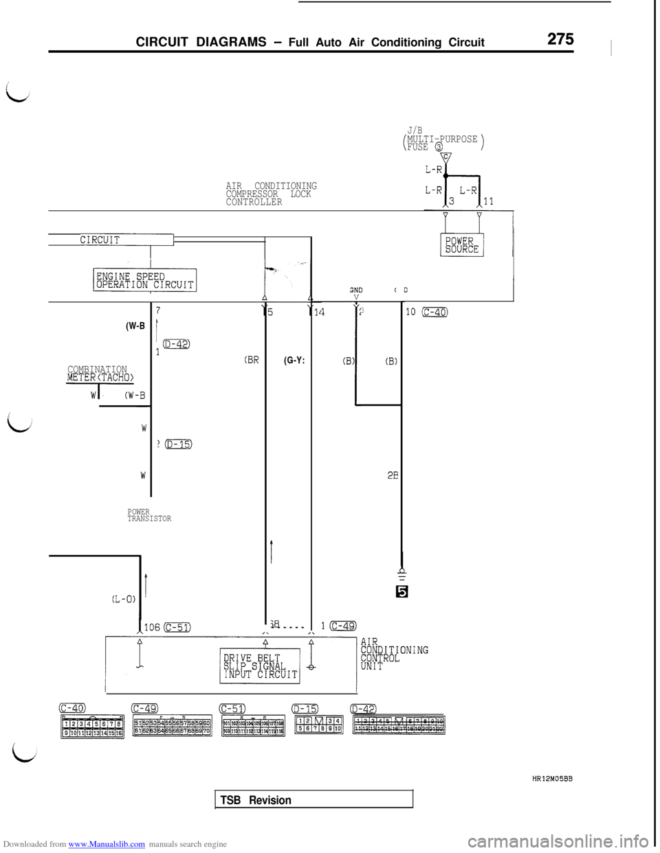 MITSUBISHI 3000GT 1992 2.G Workshop Manual Downloaded from www.Manualslib.com manuals search engine CIRCUIT DIAGRAMS - Full Auto Air Conditioning Circuit275 l
J/B
(MULTI-PURPOSE
FUSE @)
AIR CONDITIONING
COMPRESSOR LOCK
CONTROLLER
CIRCUIT](W-B
