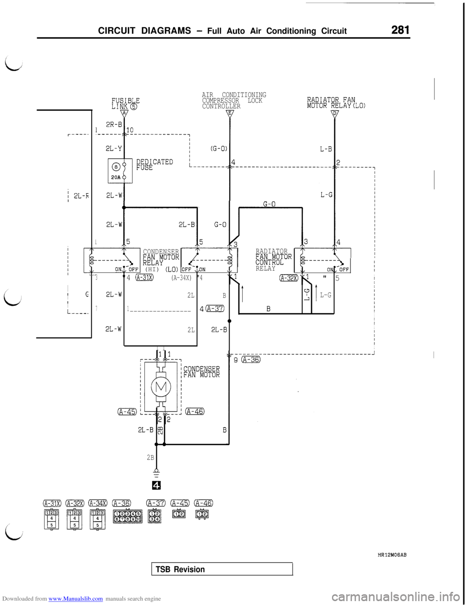 MITSUBISHI 3000GT 1992 2.G Workshop Manual Downloaded from www.Manualslib.com manuals search engine CIRCUIT DIAGRAMS - Full Auto Air Conditioning Circuit281
r----.
j 2L-k
IIcII
I
L----.
KiRB5E
wb
2R-%110
2L-Y
.---$-----------
@!%PATED
20A
2L-w