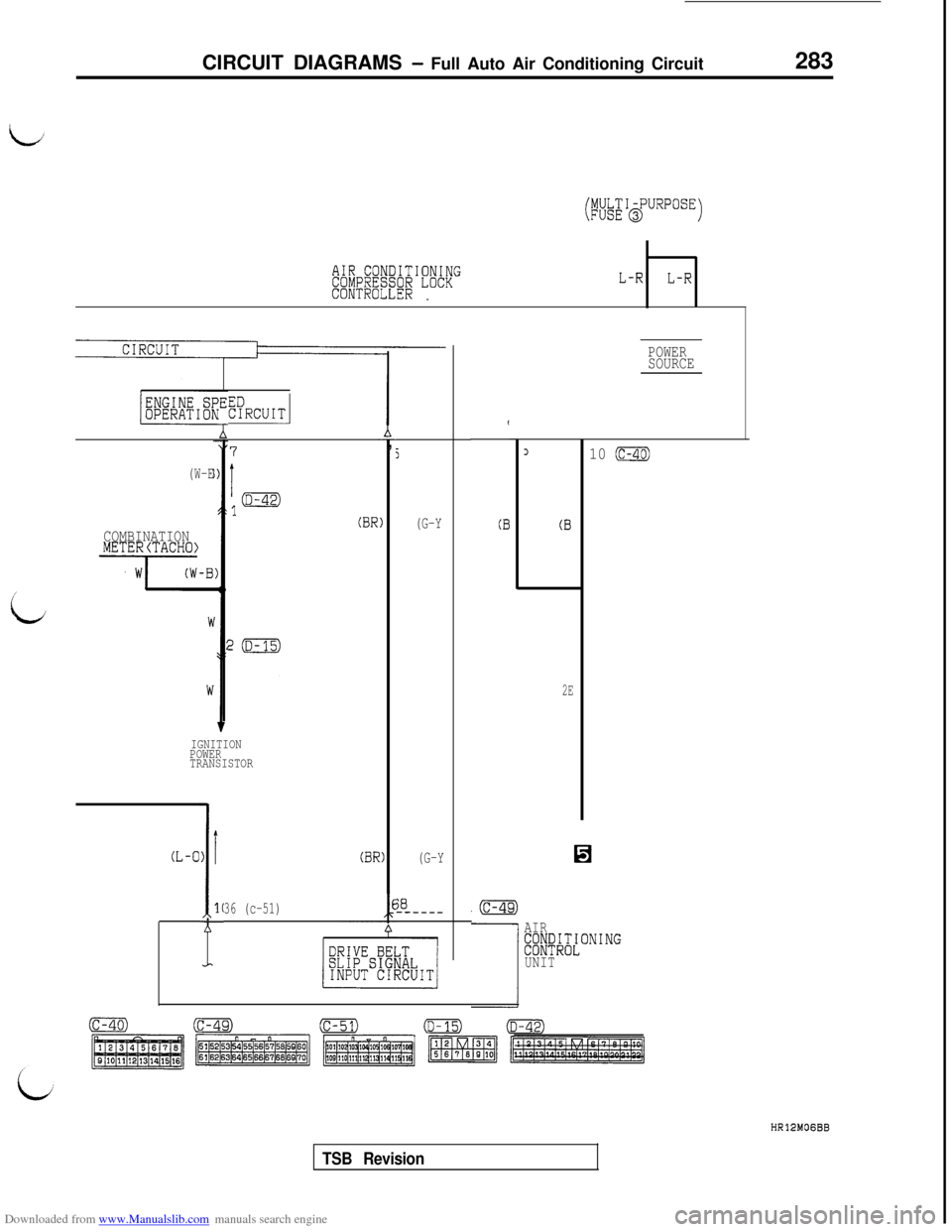 MITSUBISHI 3000GT 1992 2.G Workshop Manual Downloaded from www.Manualslib.com manuals search engine CIRCUIT DIAGRAMS - Full Auto Air Conditioning Circuit283
I
i
ECPRCUITI
b,
)
(W-E
COMBINATIONMETERlTACHO)
7
I,m
(BR
IGNITION
POWER
TRANSISTOR
(L