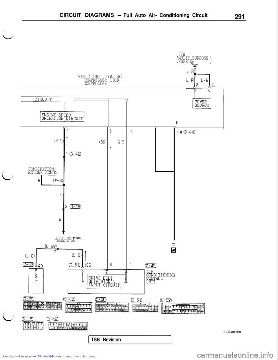 MITSUBISHI 3000GT 1992 2.G Workshop Manual Downloaded from www.Manualslib.com manuals search engine CIRCUIT DIAGRAMS - Full Auto Air- Conditioning Circuit291
J/B
tMULTI-PURPOSEFUSE @)w
AIR CONDITIONINGCOMPRESSOR LOCK
CONTROLLER
11
CIRCUIT/-7
(