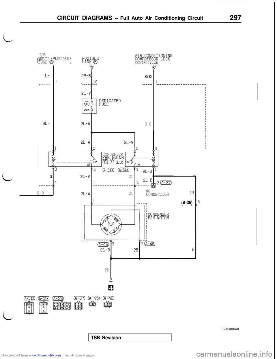 MITSUBISHI 3000GT 1995 2.G Service Manual Downloaded from www.Manualslib.com manuals search engine CIRCUIT DIAGRAMS - Full Auto Air Conditioning Circuit297
J/B
cULTIFUSE (
L-
r----
2L-
Lee--
G-B
JRPOSE>
2R-B
10---- -
2L-Y
t
@
20A
2L-w
fi&~p;&