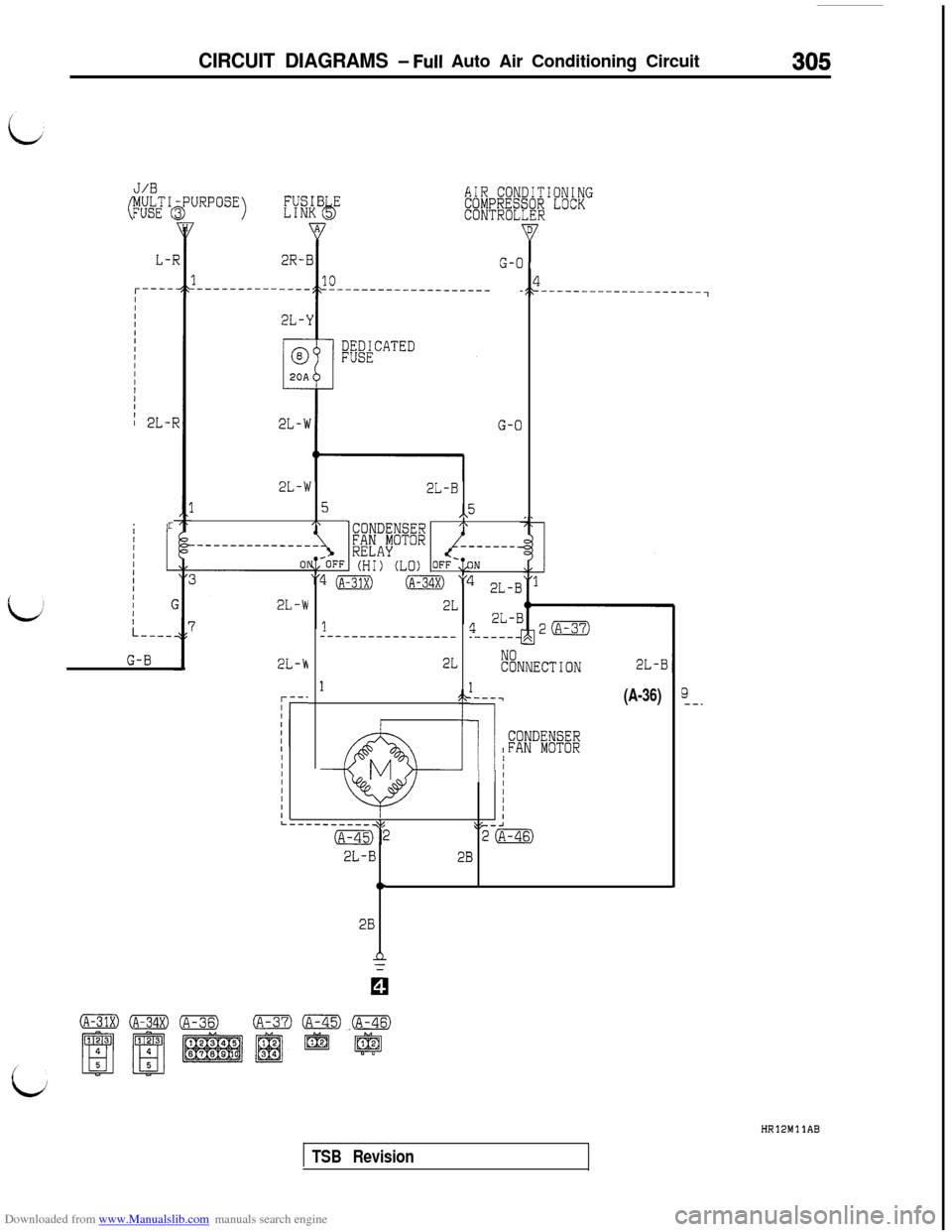 MITSUBISHI 3000GT 1995 2.G Service Manual Downloaded from www.Manualslib.com manuals search engine CIRCUIT DIAGRAMS - Full Auto Air Conditioning Circuit305
J/B
YULTIFUSE (JRPOSE>I
AIR CONDITIONINGCOMPRESSOR LOCKCONTROLLERD
YG-O
_---
G-O
2L-w