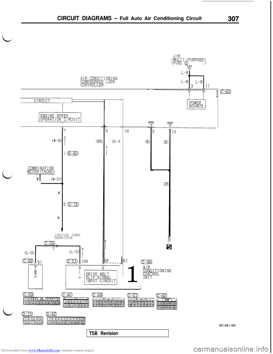 MITSUBISHI 3000GT 1993 2.G Service Manual Downloaded from www.Manualslib.com manuals search engine CIRCUIT DIAGRAMS - Full Auto Air Conditioning Circuit307.
J/B
(MULTI-PURPOSEFUSE @)
v
AIR CONDITIONINGCOMPRESSOR LOCKCONTROLLER11
1
CIRCUITpj-7