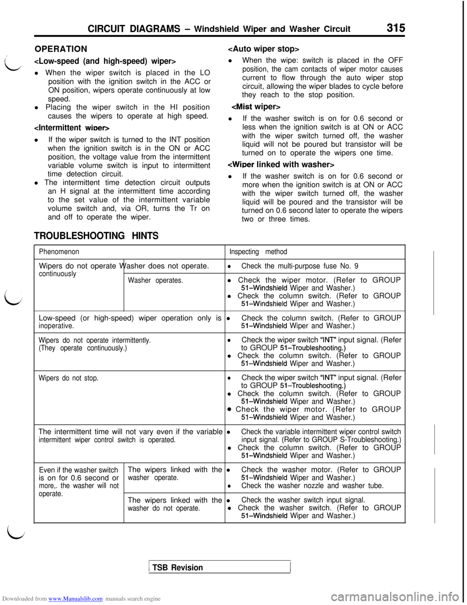 MITSUBISHI 3000GT 1993 2.G Workshop Manual Downloaded from www.Manualslib.com manuals search engine CIRCUIT DIAGRAMS - Windshield Wiper and Washer Circuit315
OPERATION<Auto wiper stop>/
L<Low-speed (and high-speed) wiper>lWhen the wipe: switch MITSUBISHI 3000GT 1993 2.G Workshop Manual Downloaded from www.Manualslib.com manuals search engine CIRCUIT DIAGRAMS - Windshield Wiper and Washer Circuit315
OPERATION<Auto wiper stop>/
L<Low-speed (and high-speed) wiper>lWhen the wipe: switch