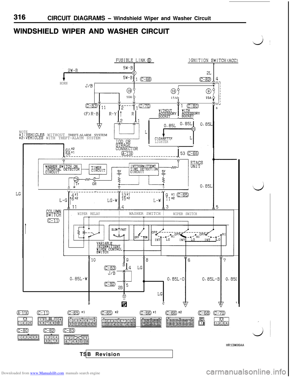 MITSUBISHI 3000GT 1992 2.G Workshop Manual Downloaded from www.Manualslib.com manuals search engine CIRCUIT DIAGRAMS - Windshield Wiper and Washer CircuitWINDSHIELD WIPER
AND WASHER CIRCUIT
\ie/~
FUSIBLE LINKaIIGNITION SWITCH(ACC)I
2W-B
HORN5 MITSUBISHI 3000GT 1992 2.G Workshop Manual Downloaded from www.Manualslib.com manuals search engine CIRCUIT DIAGRAMS - Windshield Wiper and Washer CircuitWINDSHIELD WIPER
AND WASHER CIRCUIT
\ie/~
FUSIBLE LINKaIIGNITION SWITCH(ACC)I
2W-B
HORN5