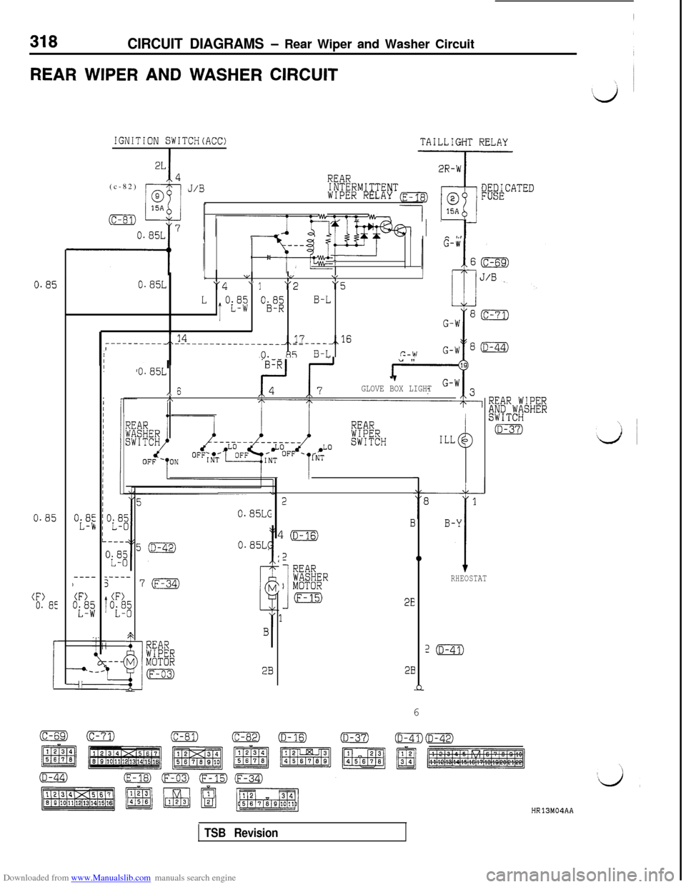 MITSUBISHI 3000GT 1993 2.G Workshop Manual Downloaded from www.Manualslib.com manuals search engine 318CIRCUIT DIAGRAMS - Rear Wiper and Washer Circuit
REAR WIPER AND WASHER CIRCUIT
IGNITION SWITCH(ACC)TAILLIGHT RELAY
I
REAR(c-82)INTERMITTENTW MITSUBISHI 3000GT 1993 2.G Workshop Manual Downloaded from www.Manualslib.com manuals search engine 318CIRCUIT DIAGRAMS - Rear Wiper and Washer Circuit
REAR WIPER AND WASHER CIRCUIT
IGNITION SWITCH(ACC)TAILLIGHT RELAY
I
REAR(c-82)INTERMITTENTW
