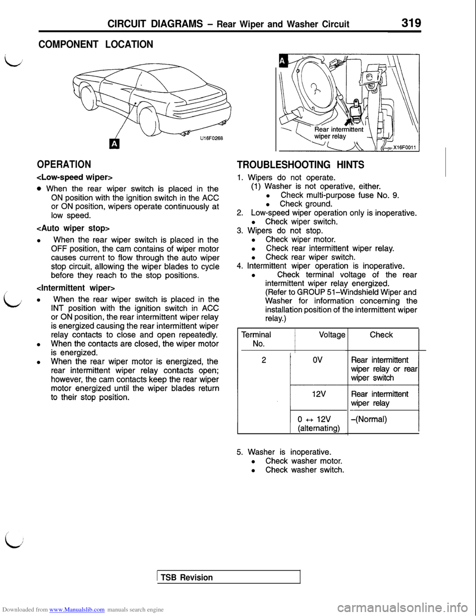 MITSUBISHI 3000GT 1994 2.G Workshop Manual Downloaded from www.Manualslib.com manuals search engine CIRCUIT DIAGRAMS - Rear Wiper and Washer Circuit
COMPONENT LOCATION
OPERATION
<Low-speed wiper>
0 When the rear wiper switch is placed in the
O