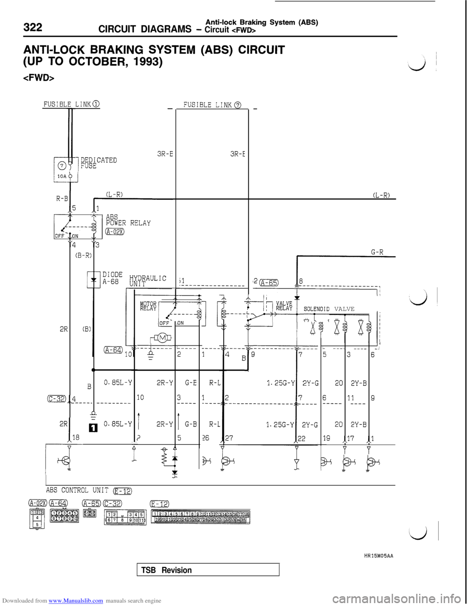 MITSUBISHI 3000GT 1992 2.G Owners Manual Downloaded from www.Manualslib.com manuals search engine 322Anti-lock Braking System (ABS)
CIRCUIT DIAGRAMS - Circuit <RIvD>
ANTI-LOCK BRAKING SYSTEM (ABS) CIRCUIT
(UP TO OCTOBER, 1993)
<FWD>
FUSIBLLI
