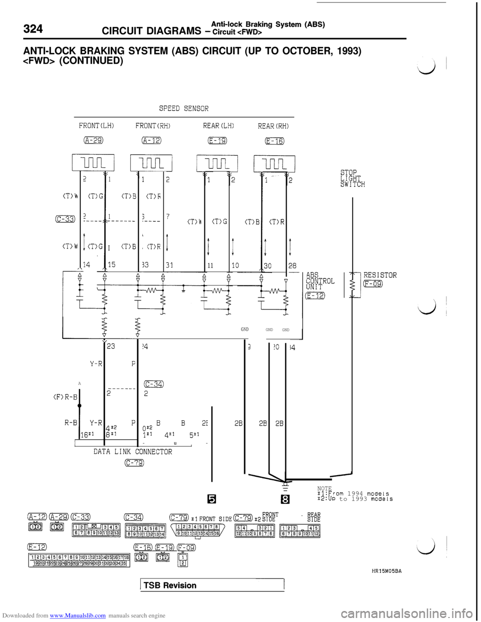 MITSUBISHI 3000GT 1992 2.G Owners Manual Downloaded from www.Manualslib.com manuals search engine 324CIRCUIT DIAGRAMS - Circuit cFWD>Anti-lock Braking System (ABS)
ANTI-LOCK BRAKING SYSTEM (ABS) CIRCUIT (UP TO OCTOBER, 1993)
<FWD> (CONTINUED