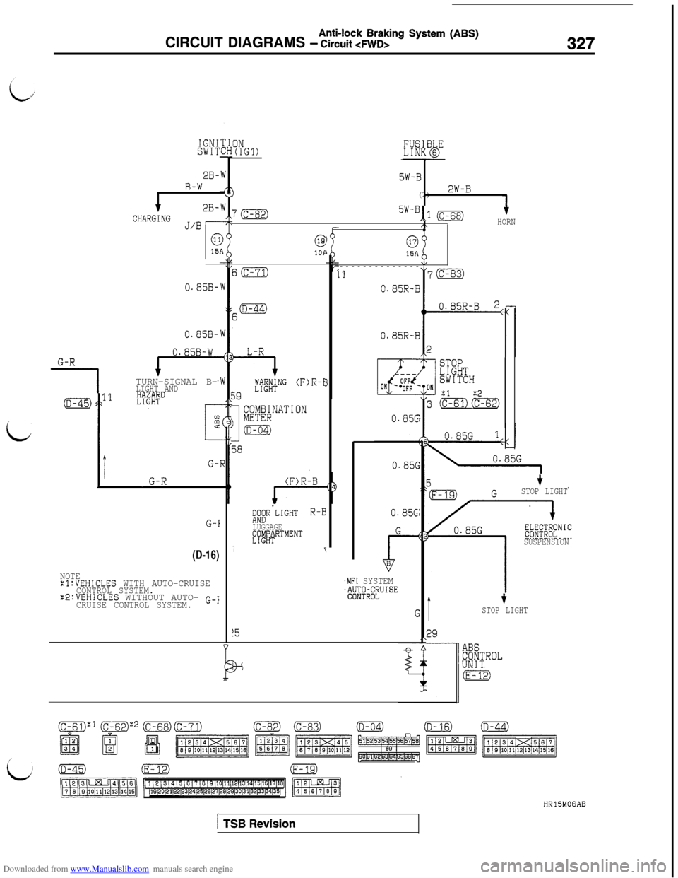 MITSUBISHI 3000GT 1994 2.G User Guide Downloaded from www.Manualslib.com manuals search engine Anti-lock Braking System (ABS)CIRCUIT DIAGRAMS - Circuit <MID>327
IGNISWIT
2B-R-W
12B-
CHARGING J/B
0.85B-
0.858-
0.85B-WG-R
1TURN-SIGNAL B-LIG