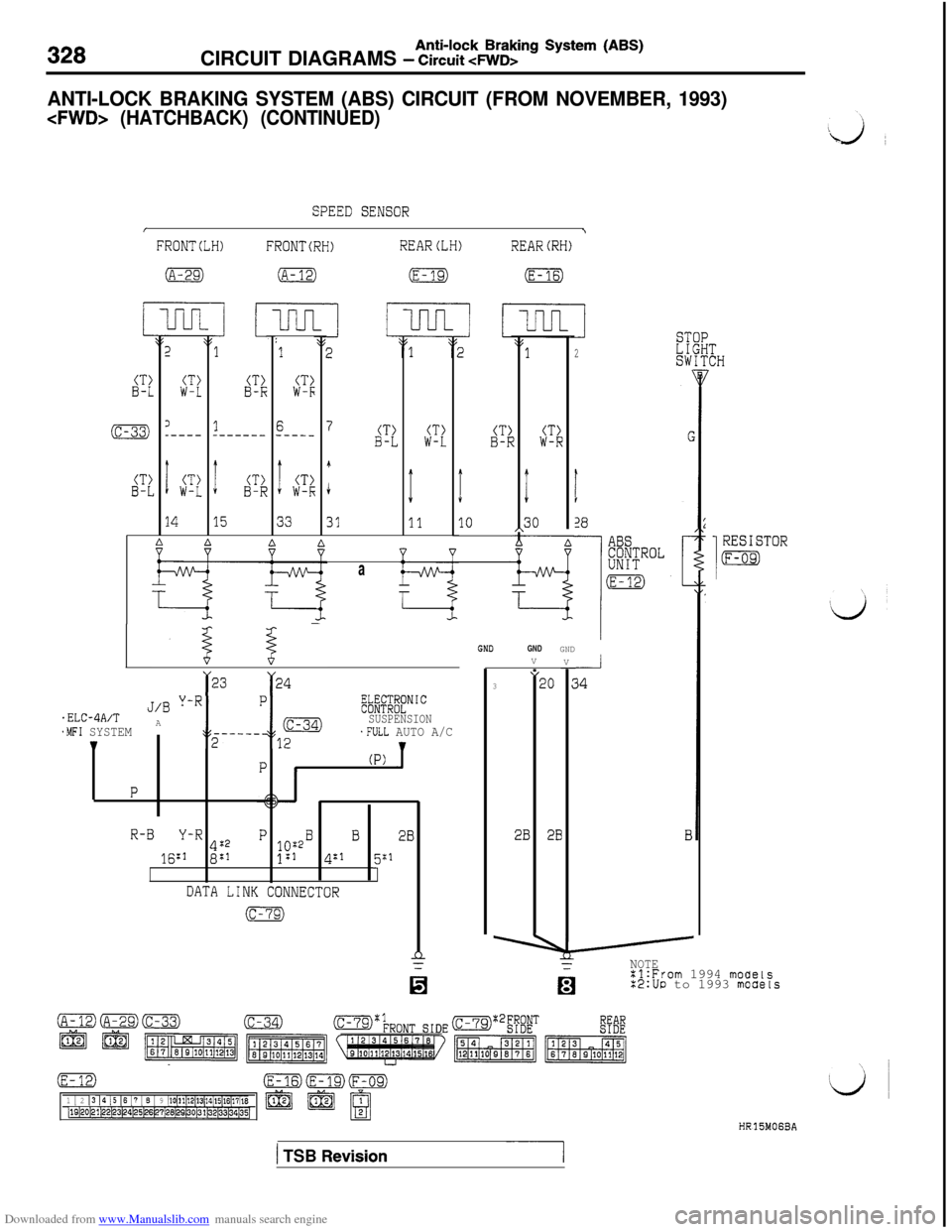 MITSUBISHI 3000GT 1994 2.G User Guide Downloaded from www.Manualslib.com manuals search engine 328Anti-lock Braking System (ABS)CIRCUIT DIAGRAMS - Circuit 4WD>
ANTI-LOCK BRAKING SYSTEM (ABS) CIRCUIT (FROM NOVEMBER, 1993)
cFWD> (HATCHBACK)