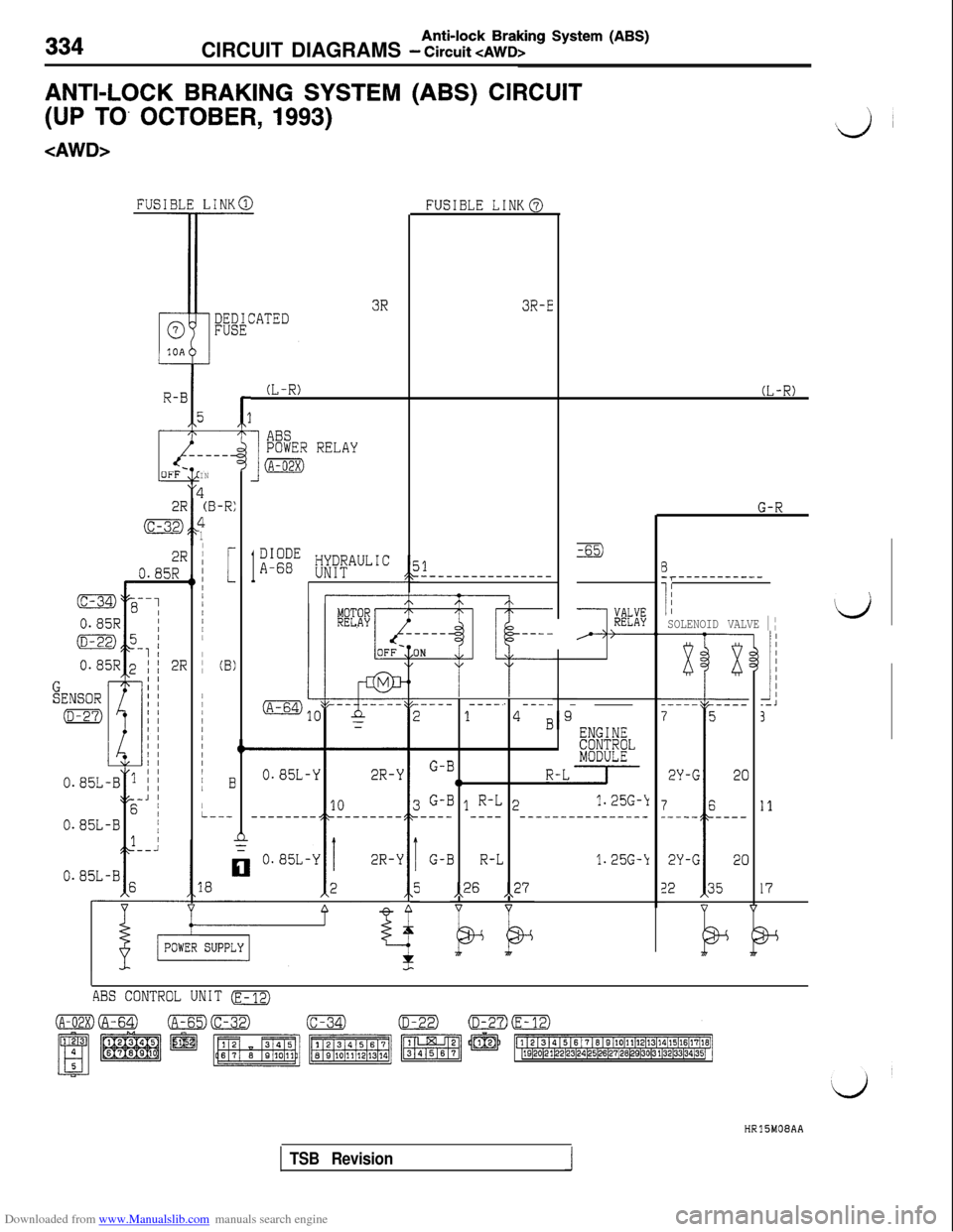 MITSUBISHI 3000GT 1992 2.G Workshop Manual Downloaded from www.Manualslib.com manuals search engine Anti-lock Braking System (ABS)CIRCUIT DIAGRAMS
- Circuit <AWD>
ANTI-LOCK BRAKING SYSTEM (ABS) CIRCUIT
(UP TO. OCTOBER, 1993)
<AWD>
FUSIBLE LIN MITSUBISHI 3000GT 1992 2.G Workshop Manual Downloaded from www.Manualslib.com manuals search engine Anti-lock Braking System (ABS)CIRCUIT DIAGRAMS
- Circuit <AWD>
ANTI-LOCK BRAKING SYSTEM (ABS) CIRCUIT
(UP TO. OCTOBER, 1993)
<AWD>
FUSIBLE LIN