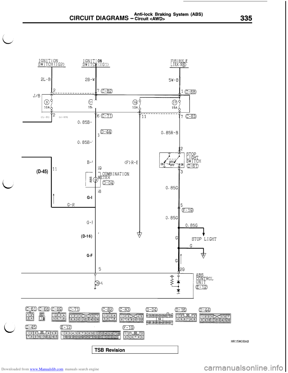 MITSUBISHI 3000GT 1992 2.G Workshop Manual Downloaded from www.Manualslib.com manuals search engine Anti-lock Braking System (ABS)CIRCUIT DIAGRAMS - Circuit CAWD>335
IGNITIONSWITCH(IG2)IGNISWIT
-I-- -2L-B2B-
---------------J/B
0c10A15,\/\X(L-R