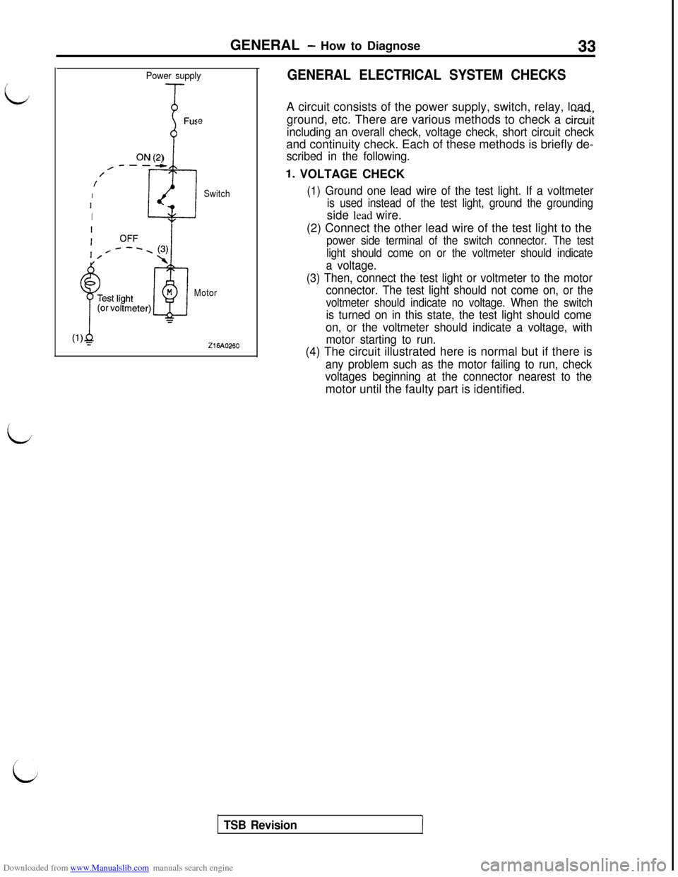 MITSUBISHI 3000GT 1993 2.G Owners Guide Downloaded from www.Manualslib.com manuals search engine L
iGENERAL 
- How to Diagnose33
Power supply
Fuse
’ i
ON (2),----c//ISwitch
I
Motor
Z16AO260
GENERAL ELECTRICAL SYSTEM CHECKSA circuit consis