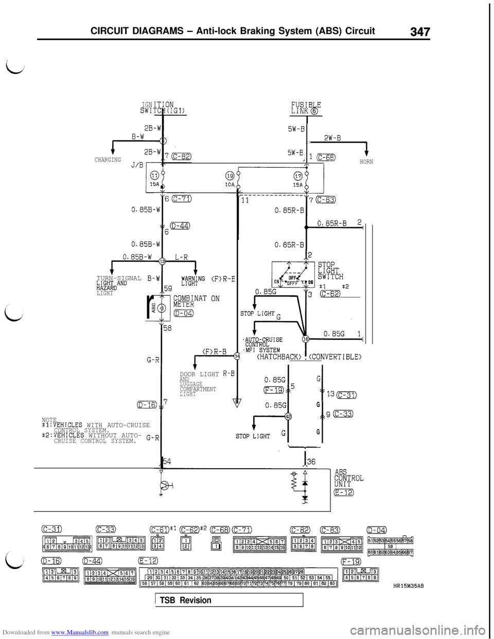 MITSUBISHI 3000GT 1992 2.G Workshop Manual Downloaded from www.Manualslib.com manuals search engine CIRCUIT DIAGRAMS - Anti-lock Braking System (ABS) Circuit347
IGNSWI
2B.
B-W
CHARGINGJ/B
o.a5B-
0.85B-
0.85B-W
TURN-SIGNAL B-h;$aI;DAND
LIGHT
r