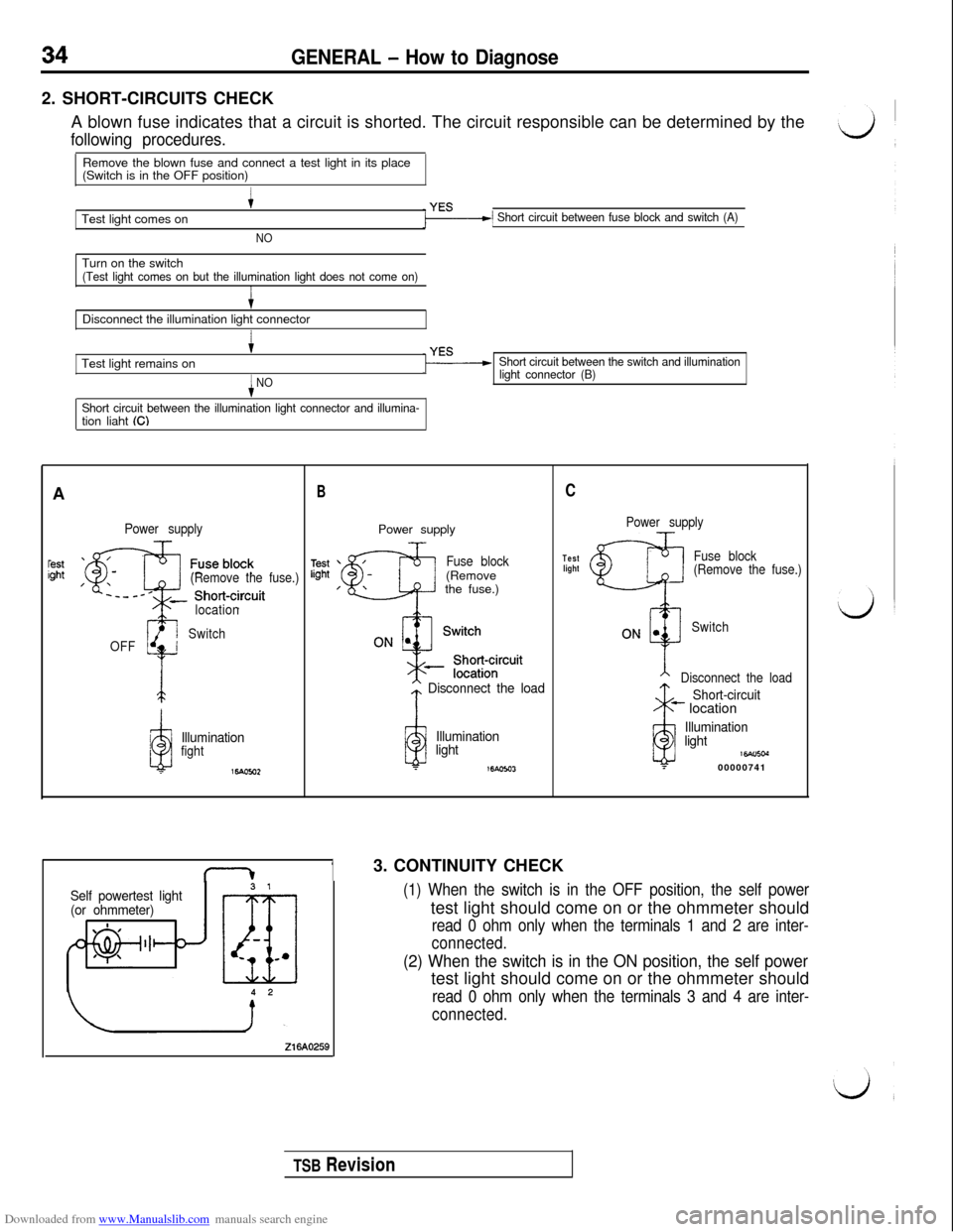 MITSUBISHI 3000GT 1992 2.G Owners Guide Downloaded from www.Manualslib.com manuals search engine GENERAL - How to Diagnose2. SHORT-CIRCUITS CHECK
A blown fuse indicates that a circuit is shorted. The circuit responsible can be determined by MITSUBISHI 3000GT 1992 2.G Owners Guide Downloaded from www.Manualslib.com manuals search engine GENERAL - How to Diagnose2. SHORT-CIRCUITS CHECK
A blown fuse indicates that a circuit is shorted. The circuit responsible can be determined by