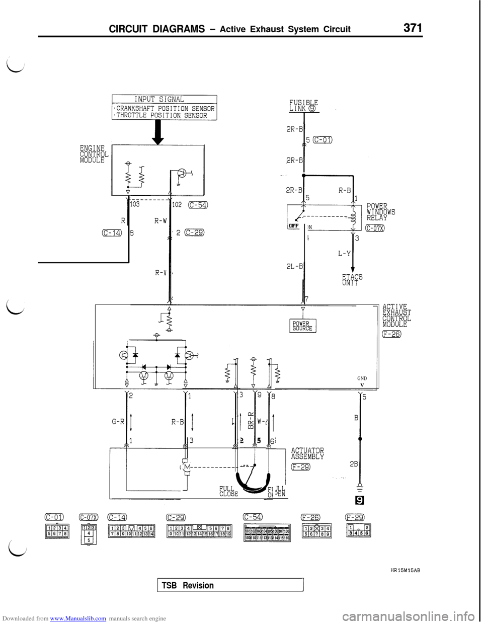 MITSUBISHI 3000GT 1995 2.G Workshop Manual Downloaded from www.Manualslib.com manuals search engine CIRCUIT DIAGRAMS - Active Exhaust System Circuit371
2R-B
5(c-o1)
/
2R-B
POWER
--------___WIV~~WS<
t-OFF20
ENGINECONTROLMODULE
2L-B
I
(c-14)
R-\