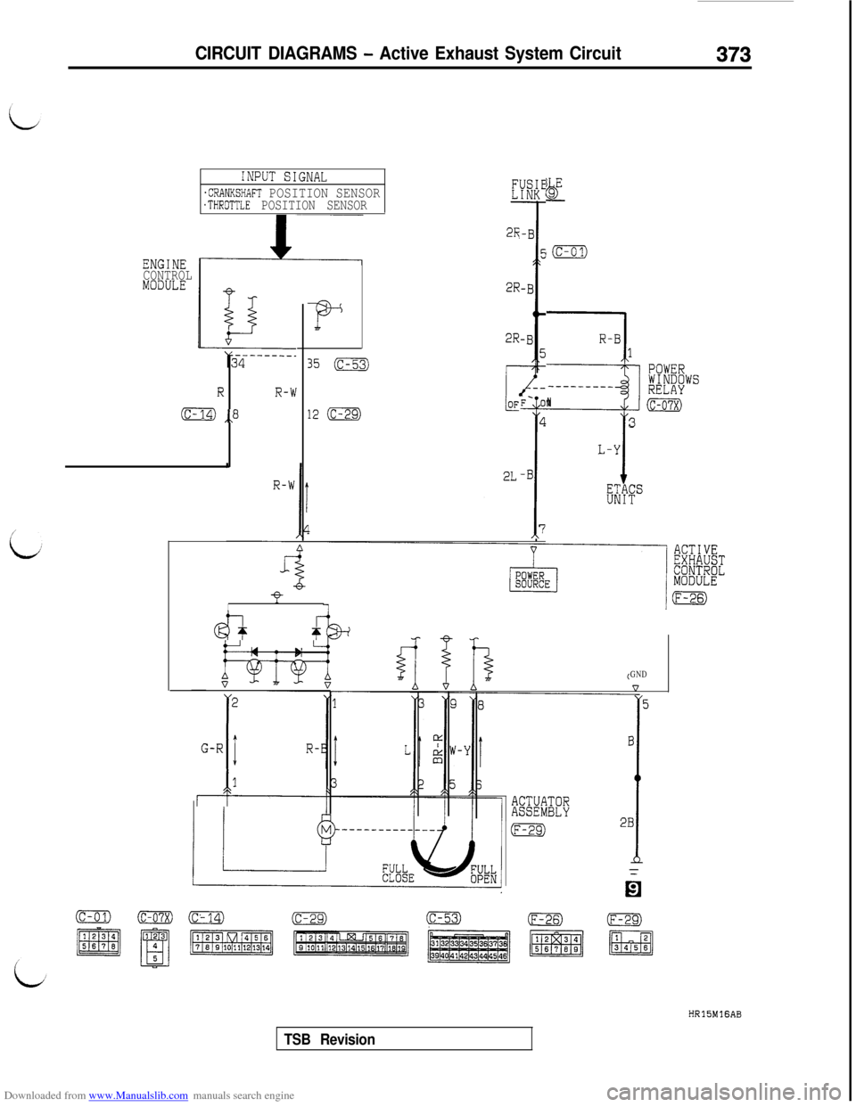 MITSUBISHI 3000GT 1995 2.G Workshop Manual Downloaded from www.Manualslib.com manuals search engine CIRCUIT DIAGRAMS - Active Exhaust System Circuit373
ENGINE
CONTROL
MODULE
INPUT SIGNAL
.CRANKSHAFT POSITION SENSOR.THROTTLE POSITION SENSOR
RR-