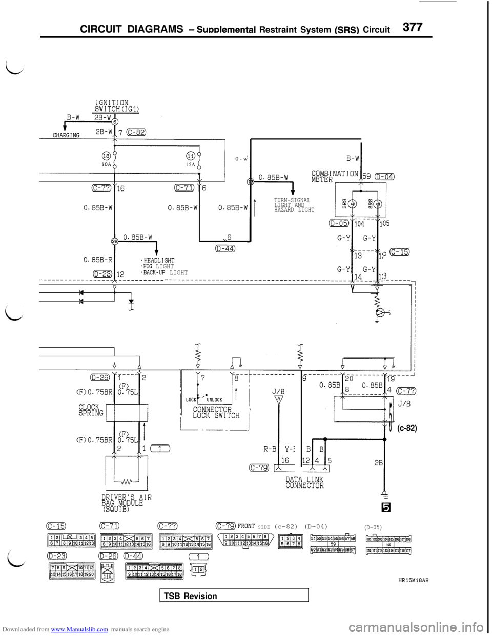 MITSUBISHI 3000GT 1992 2.G Workshop Manual Downloaded from www.Manualslib.com manuals search engine CIRCUIT DIAGRAMS - Sudemental Restraint System (SRS) Circuit377
IGNITIONSWITCH(IG1)
i
i
63
%
00-w10A15A
\,I
0“16(c-71)“6 
0.85B-W0.85B-W0.
