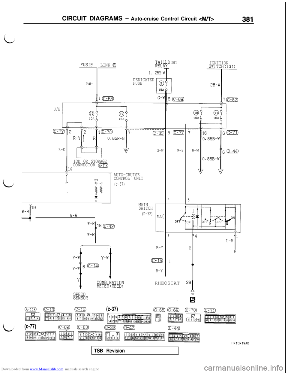 MITSUBISHI 3000GT 1992 2.G Workshop Manual Downloaded from www.Manualslib.com manuals search engine CIRCUIT DIAGRAMS - Auto-cruise Control Circuit CM/T>381
FUSIE
5w-
J/B
R-E
LINK @@Zi
1. 25R-ii
DEDICATEDFUSE
G-W
IOD OR STORAGE
16CONNECTOR (A-1