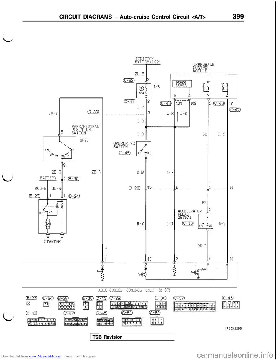 MITSUBISHI 3000GT 1992 2.G Workshop Manual Downloaded from www.Manualslib.com manuals search engine CIRCUIT DIAGRAMS - Auto-cruise Control Circuit CA/T>399
IGNITIONSWITCH(IG2)
20-Y
(c-30)
PARK/NEUTRAL
8SP
;;sCWHON
(B-26)M
~
STARTERX
2B-\1
[c-8