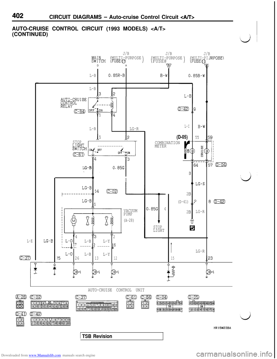 MITSUBISHI 3000GT 1993 2.G Repair Manual Downloaded from www.Manualslib.com manuals search engine 402CIRCUIT DIAGRAMS - Auto-cruise Control Circuit dW>AUTO-CRUISE CONTROL CIRCUIT (1993 MODELS) <A/T>
(CONTINUED)
JRPOSE\ J/B
J/B
J/B
!!ihH FUSE