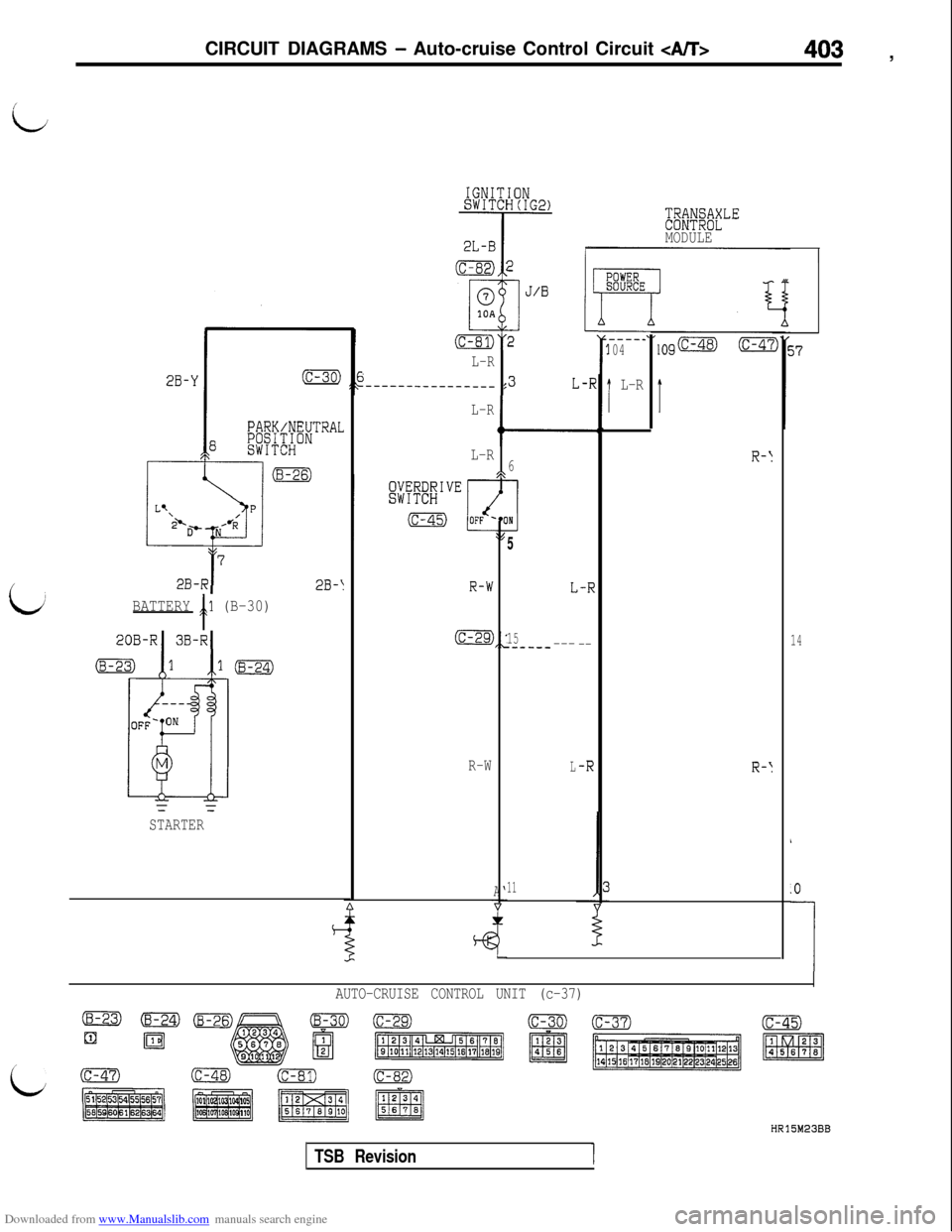MITSUBISHI 3000GT 1992 2.G Workshop Manual Downloaded from www.Manualslib.com manuals search engine CIRCUIT DIAGRAMS - Auto-cruise Control Circuit <A/T>403 ,
i
LJ
-If--L- “I
BATTERY 11 (B-30)
20B-RI 3B-RI
2B-!
STARTER
L-R
:3I
L-R
IL-R6I\
R-h