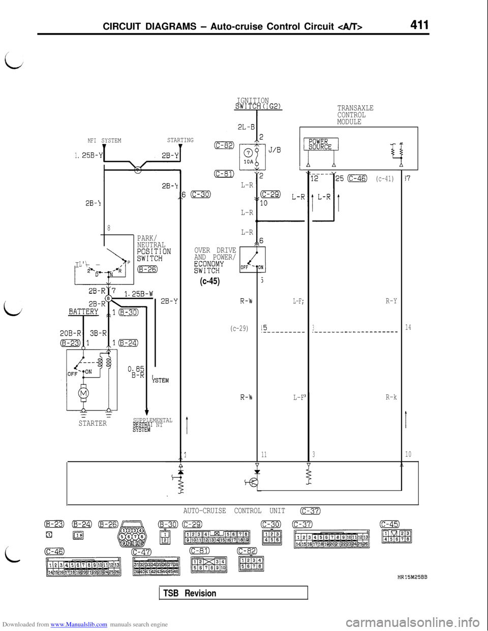 MITSUBISHI 3000GT 1992 2.G Workshop Manual Downloaded from www.Manualslib.com manuals search engine CIRCUIT DIAGRAMS - Auto-cruise Control Circuit <A/T>
IGNITIONSWITCH(IG2)TRANSAXLE
CONTROL
MODULE
MFI
25B-
SYSTEMSTARTING
I2B-k
,,s
-
(c-41)17L-