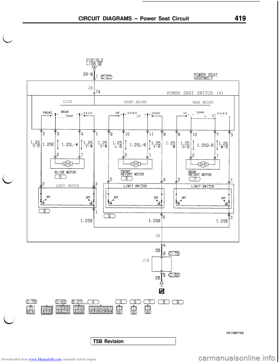 MITSUBISHI 3000GT 1996 2.G Workshop Manual Downloaded from www.Manualslib.com manuals search engine CIRCUIT DIAGRAMS - Power Seat Circuit419
H33CIWDL I
2R,,14POWER SEAT SWITCH (4)
SLIDEFRONT HEIGHT
REAR HEIGHT
FRONT__ REAR-3 FRONT*I- REAR-UP/-