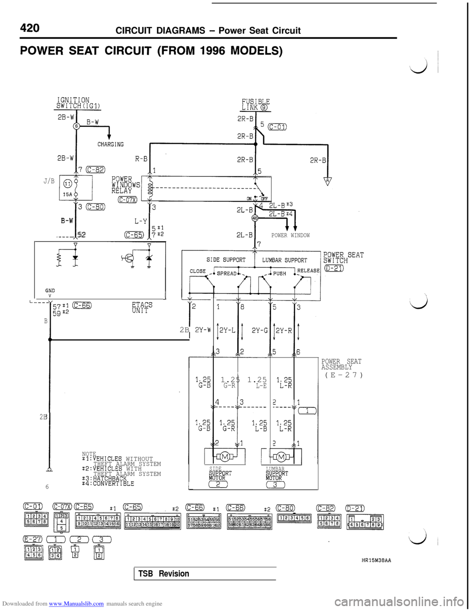 MITSUBISHI 3000GT 1996 2.G Owners Guide Downloaded from www.Manualslib.com manuals search engine 420
CIRCUIT DIAGRAMS - Power Seat Circuit
POWER SEAT CIRCUIT (FROM 1996 MODELS)
70
015A
t
30
B-W
__--- 52
J/B
- T32L-Bw
I
TV2L-BPOWER WINDOW
GN