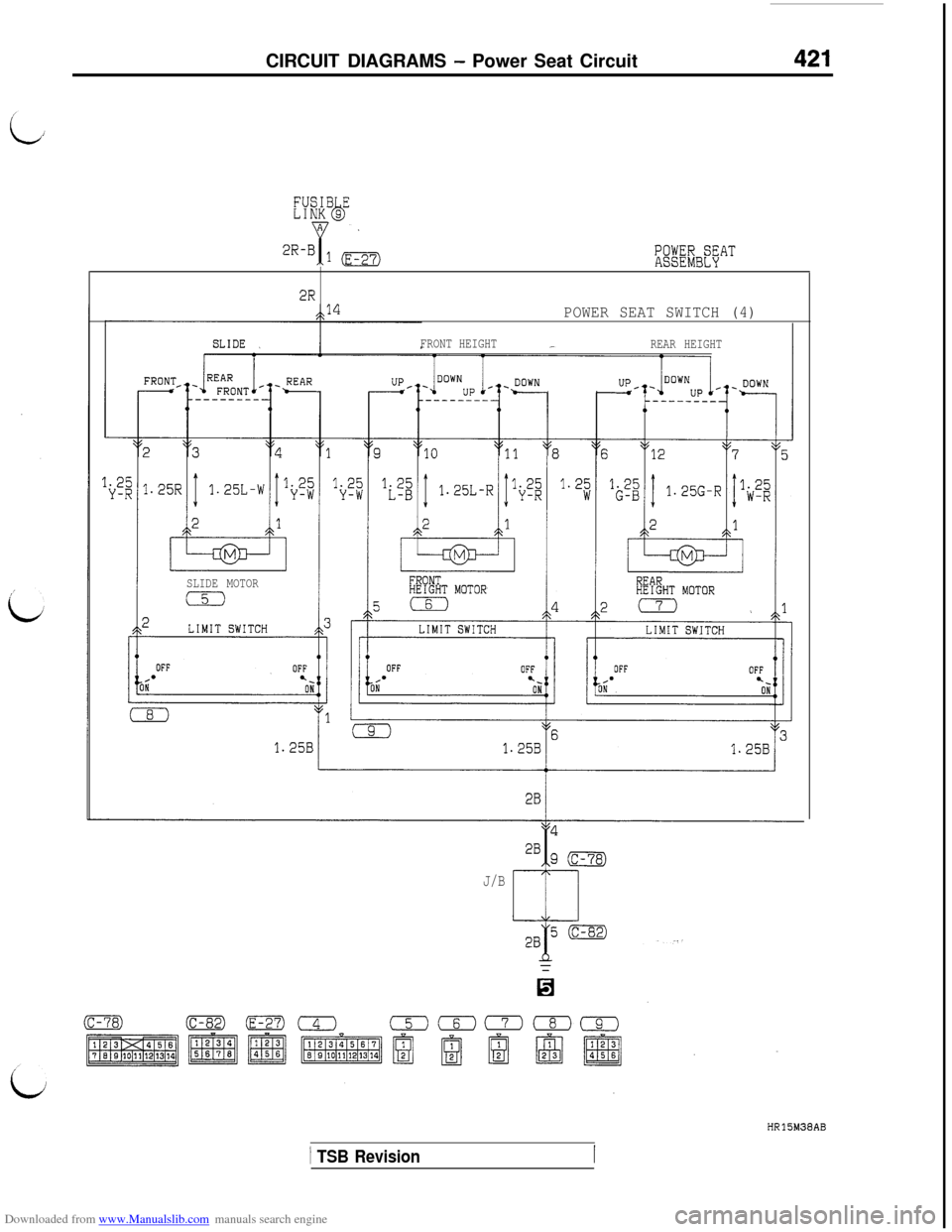 MITSUBISHI 3000GT 1996 2.G Workshop Manual Downloaded from www.Manualslib.com manuals search engine CIRCUIT DIAGRAMS - Power Seat Circuit421
-‘IUUYLVIUU I
2R
POWER SEAT SWITCH (4)
FRONT HEIGHT
REAR HEIGHT
SLIDE MOTOR
J/B
HR15M3BAB
1 TSB Revi