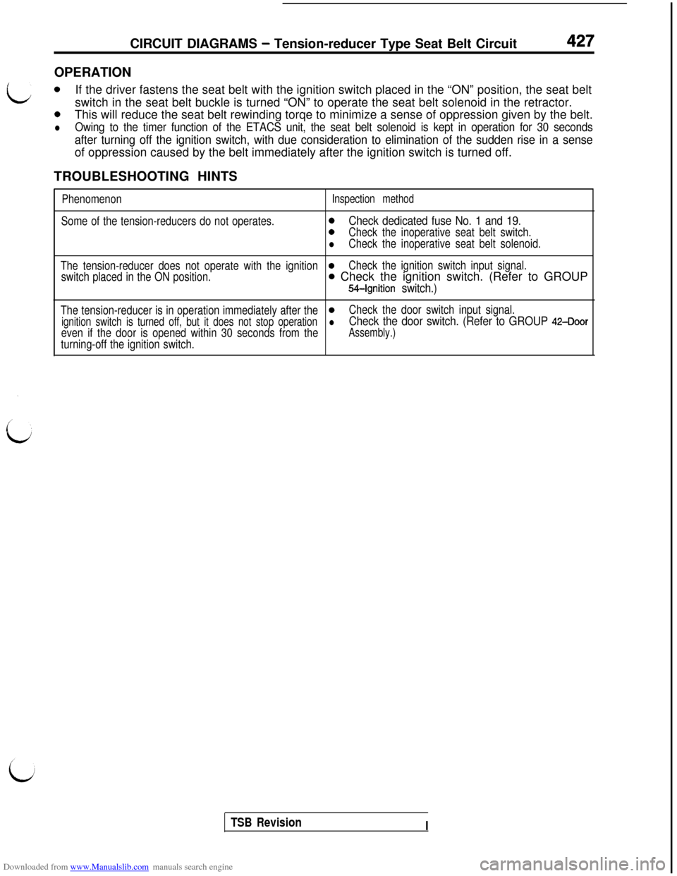MITSUBISHI 3000GT 1992 2.G Workshop Manual Downloaded from www.Manualslib.com manuals search engine CIRCUIT DIAGRAMS - Tension-reducer Type Seat Belt Circuit427OPERATION
L0If the driver fastens the seat belt with the ignition switch placed in MITSUBISHI 3000GT 1992 2.G Workshop Manual Downloaded from www.Manualslib.com manuals search engine CIRCUIT DIAGRAMS - Tension-reducer Type Seat Belt Circuit427OPERATION
L0If the driver fastens the seat belt with the ignition switch placed in