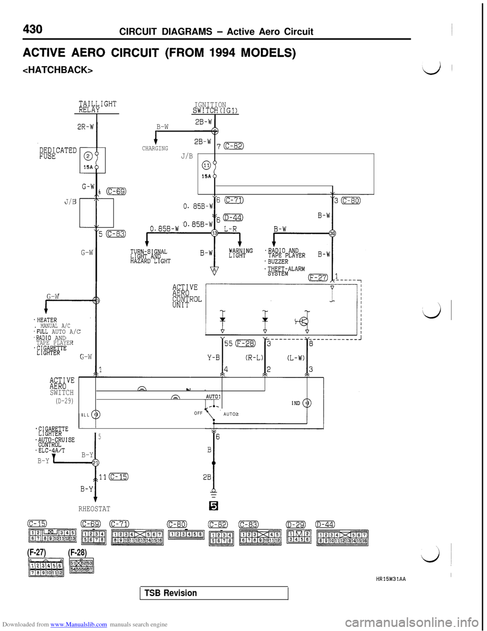 MITSUBISHI 3000GT 1992 2.G Workshop Manual Downloaded from www.Manualslib.com manuals search engine 430CIRCUIT DIAGRAMS - Active Aero Circuit
ACTIVE AERO CIRCUIT (FROM 1994 MODELS)<HATCHBACK>
a;i&IGHTa;i&IGHT
I2R-W
G-W G-W
.HEATER. MANUAL A/C 