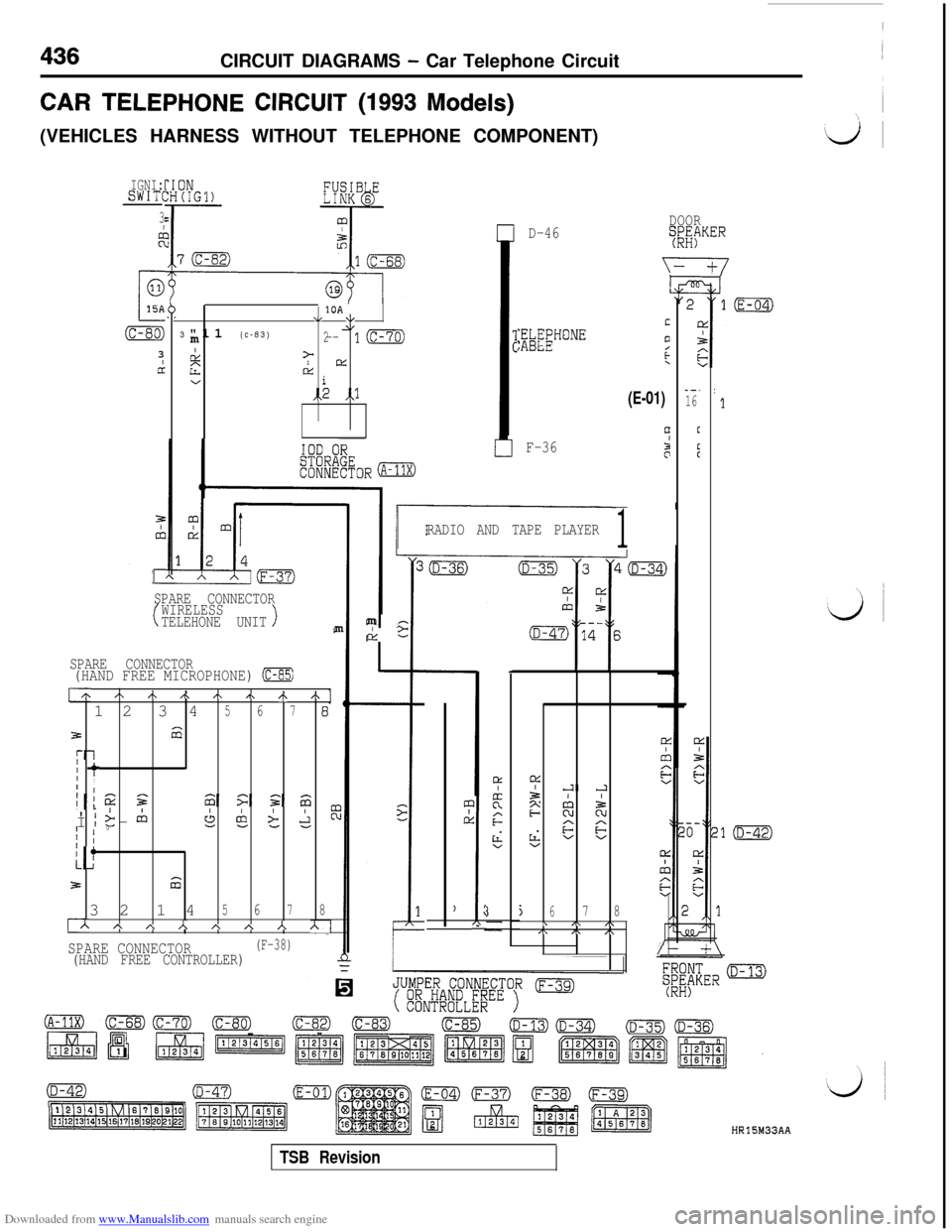 MITSUBISHI 3000GT 1992 2.G Workshop Manual Downloaded from www.Manualslib.com manuals search engine 436
CIRCUIT DIAGRAMS - Car Telephone Circuit
CAR TELEPHONE CIRCUIT (1993 Models)(VEHICLES HARNESS WITHOUT TELEPHONE COMPONENT)
IGNI:SWIT(
3/
:
