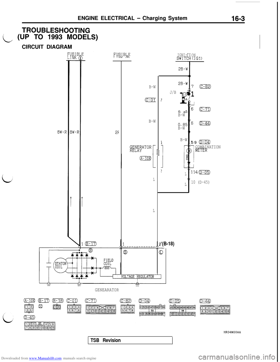 MITSUBISHI 3000GT 1992 2.G Workshop Manual Downloaded from www.Manualslib.com manuals search engine ENGINE ELECTRICAL - Charging System16-3
TROUBLESHOOTING
L (UP TO 1993 MODELS)CIRCUIT DIAGRAM
i
3
i
i!-
IGNI:SWIT(
B-W
(c-01:
B-W
2F
)XF&ATOR
r
